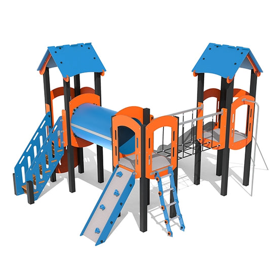 Lauko aikštelė darželiui su kelių lygių žaidimų zona, čiuožykla ir veiklų įvairove