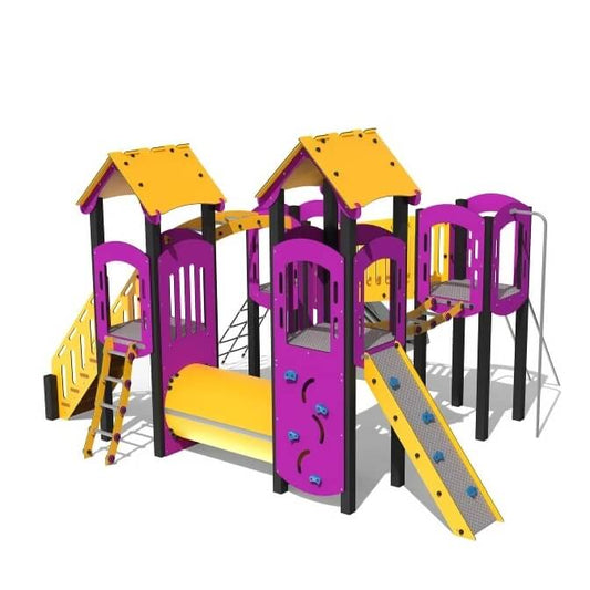 Plastikinis žaidimų modulis darželiams – čiuožykla, karstyklės ir lavinimo zona viename