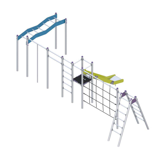 Lauko žaidimų įranga su nusileidimo čiuožykla ir laipiojimo tinklais