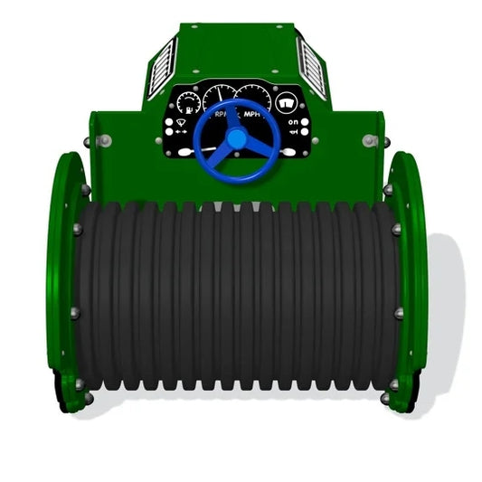 Lauko žaidimų aikštelė darželiams ir mokykloms su spalvingu traktoriuko formos įrenginiu