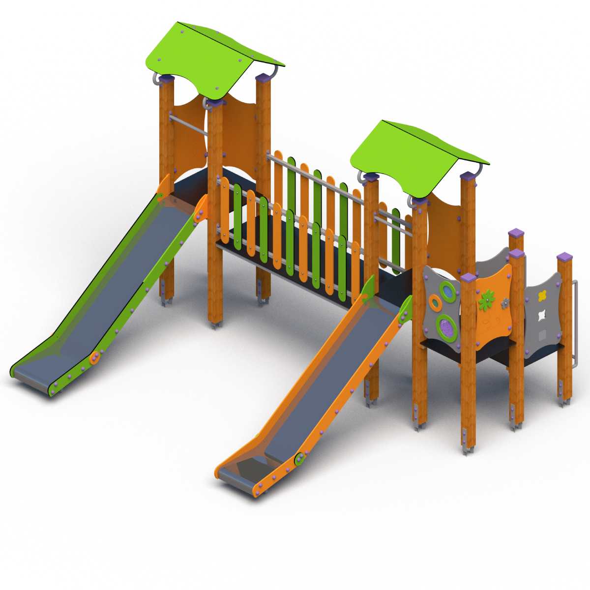 Vaikų žaidimų aikštelės komplektas su įvairaus aukščio žaidimų moduliais