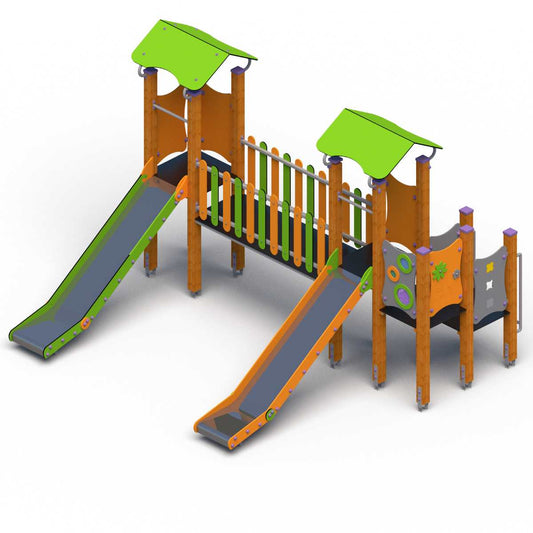 Vaikų žaidimų aikštelės komplektas su įvairaus aukščio žaidimų moduliais