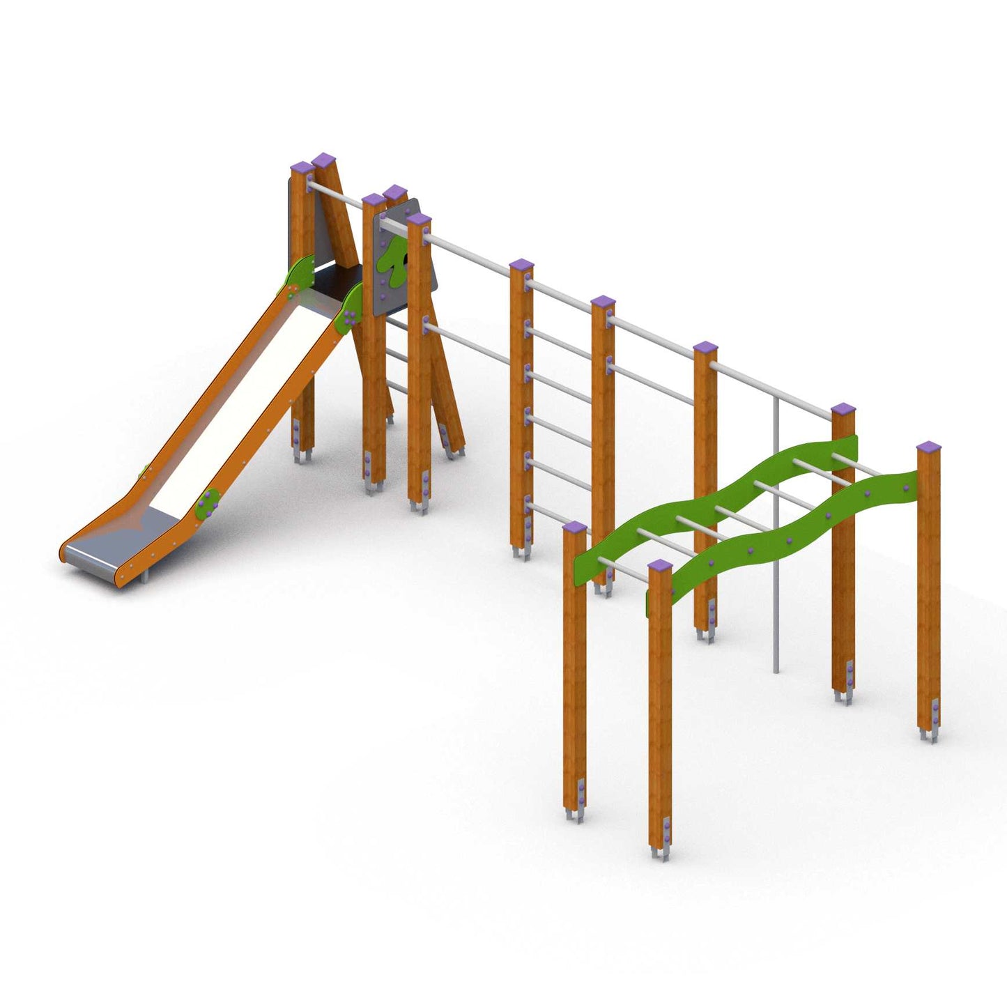 Žaidimų aikštelės komplektas su karstykle, sūpynėmis ir balansavimo tiltu