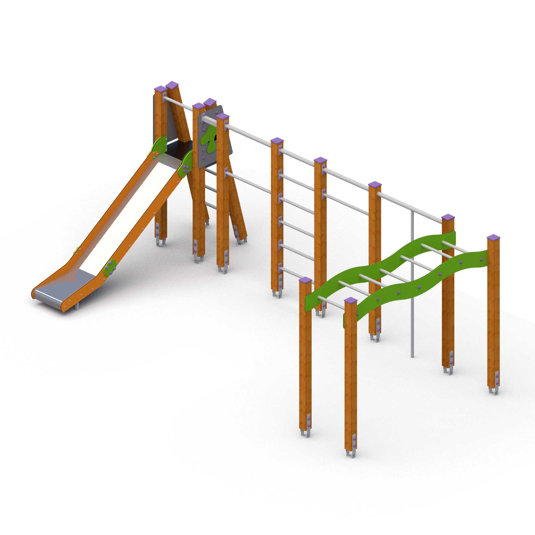 Žaidimų aikštelės komplektas su karstykle, sūpynėmis ir balansavimo tiltu