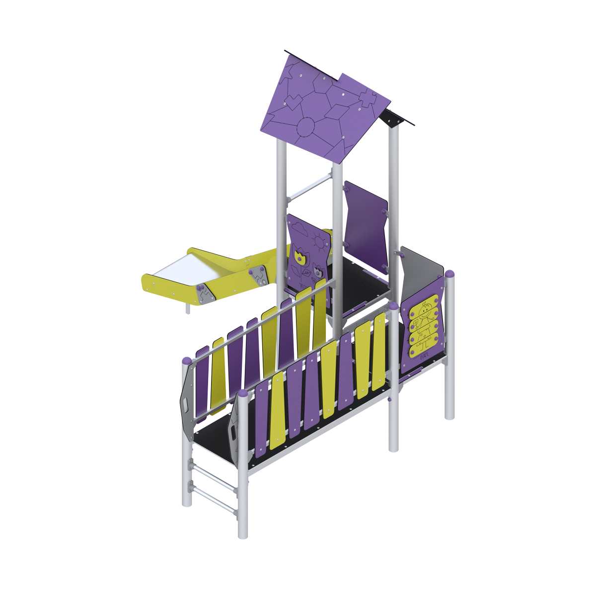 Vaikų žaidimų aikštelė darželiui su žaidimų nameliu ir čiuožyklos zona