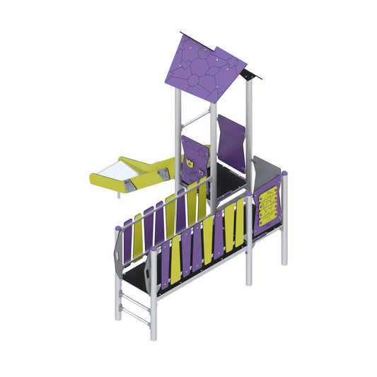 Vaikų žaidimų aikštelė darželiui su žaidimų nameliu ir čiuožyklos zona