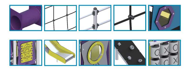 Darželio lauko žaidimų kompleksas su daugiafunkcėmis žaidimų zonomis