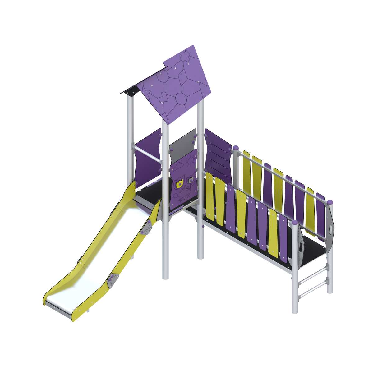 Darželio įranga su balansavimo takais ir fizinio aktyvumo elementais