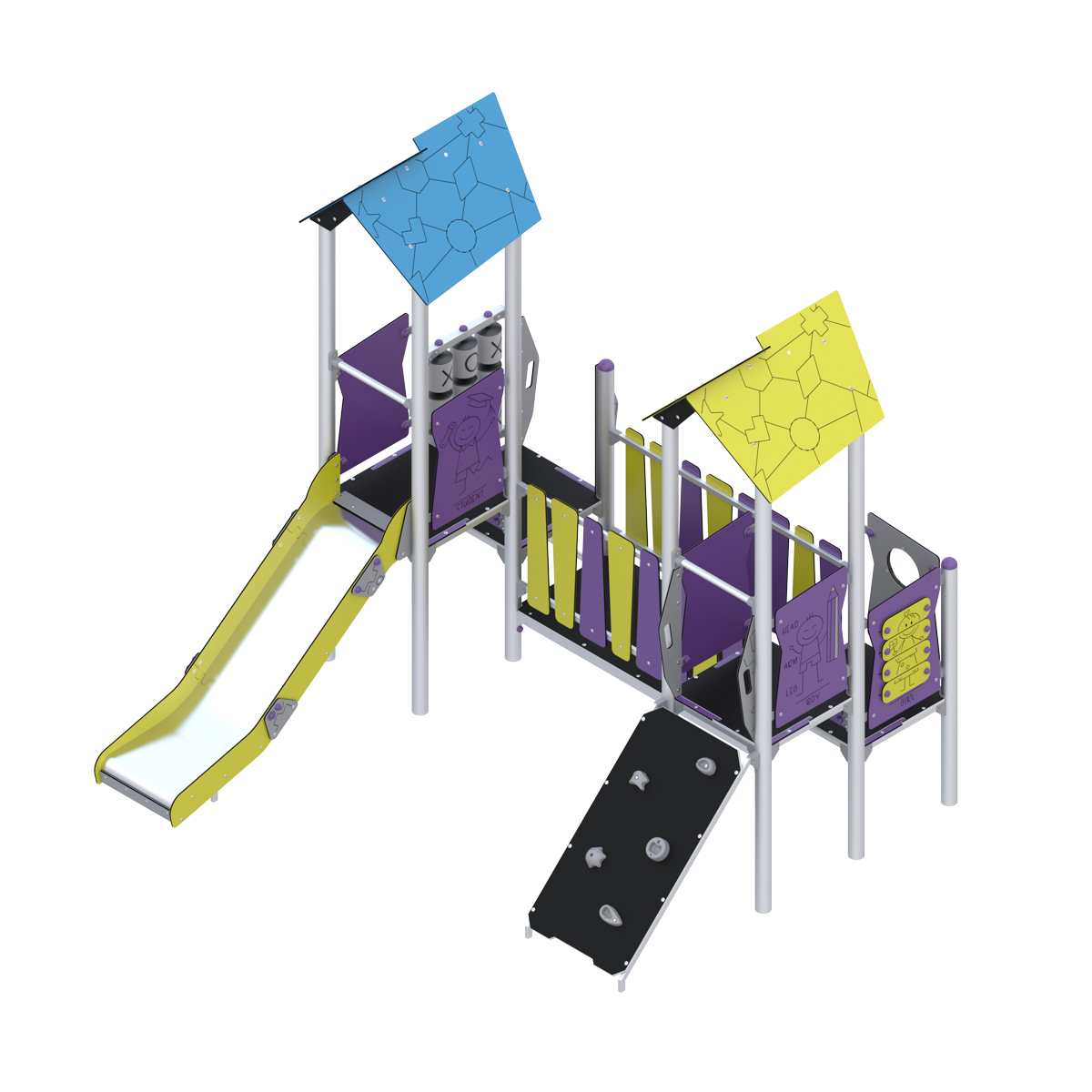 vaikų darželio žaidimų kompleksas su bokšteliu ir saugiomis platformomis