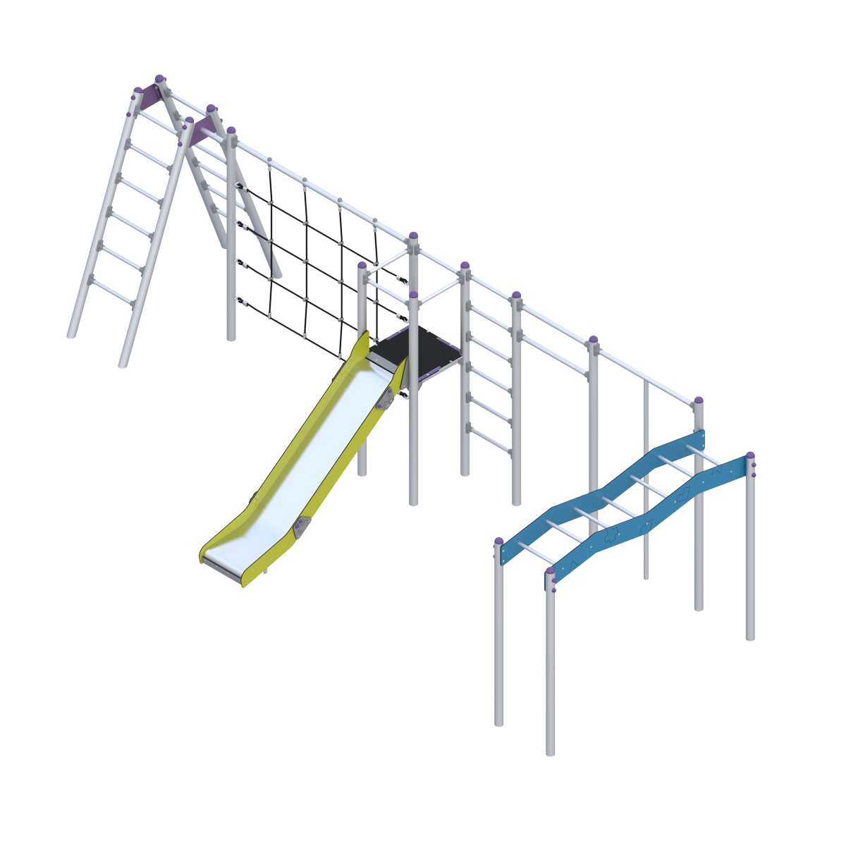 Vaikų darželio žaidimų kompleksas su jungiamaisiais takais ir lipimo elementais