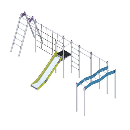 Vaikų darželio žaidimų kompleksas su jungiamaisiais takais ir lipimo elementais