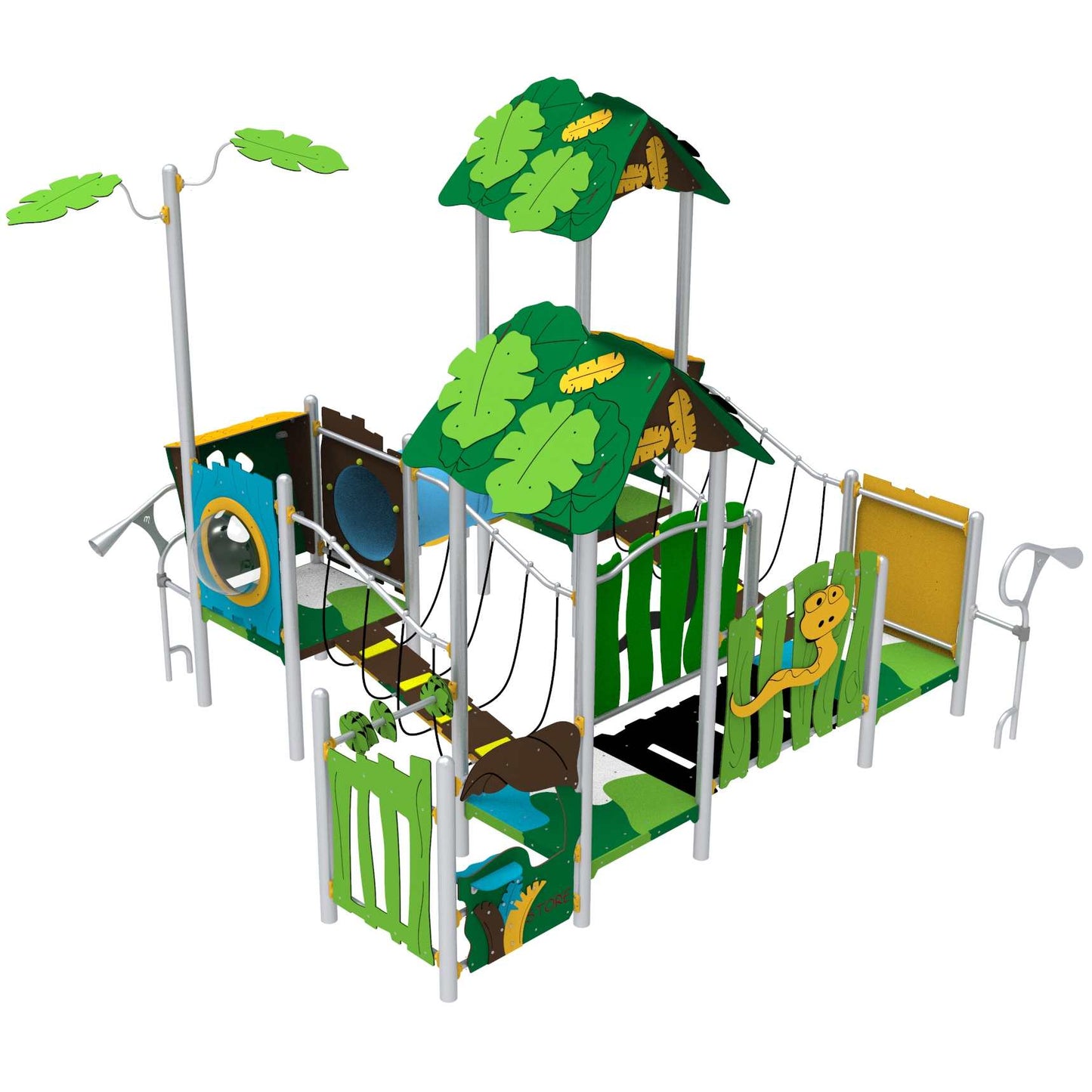 aidimų aikštelė su lynų tiltu, žaidimų bokštu ir nusileidimo čiuožykla