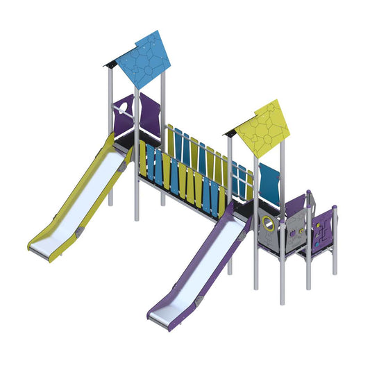 Lauko žaidimų aikštelė su žaidimų bokštu ir laipiojimo moduliais