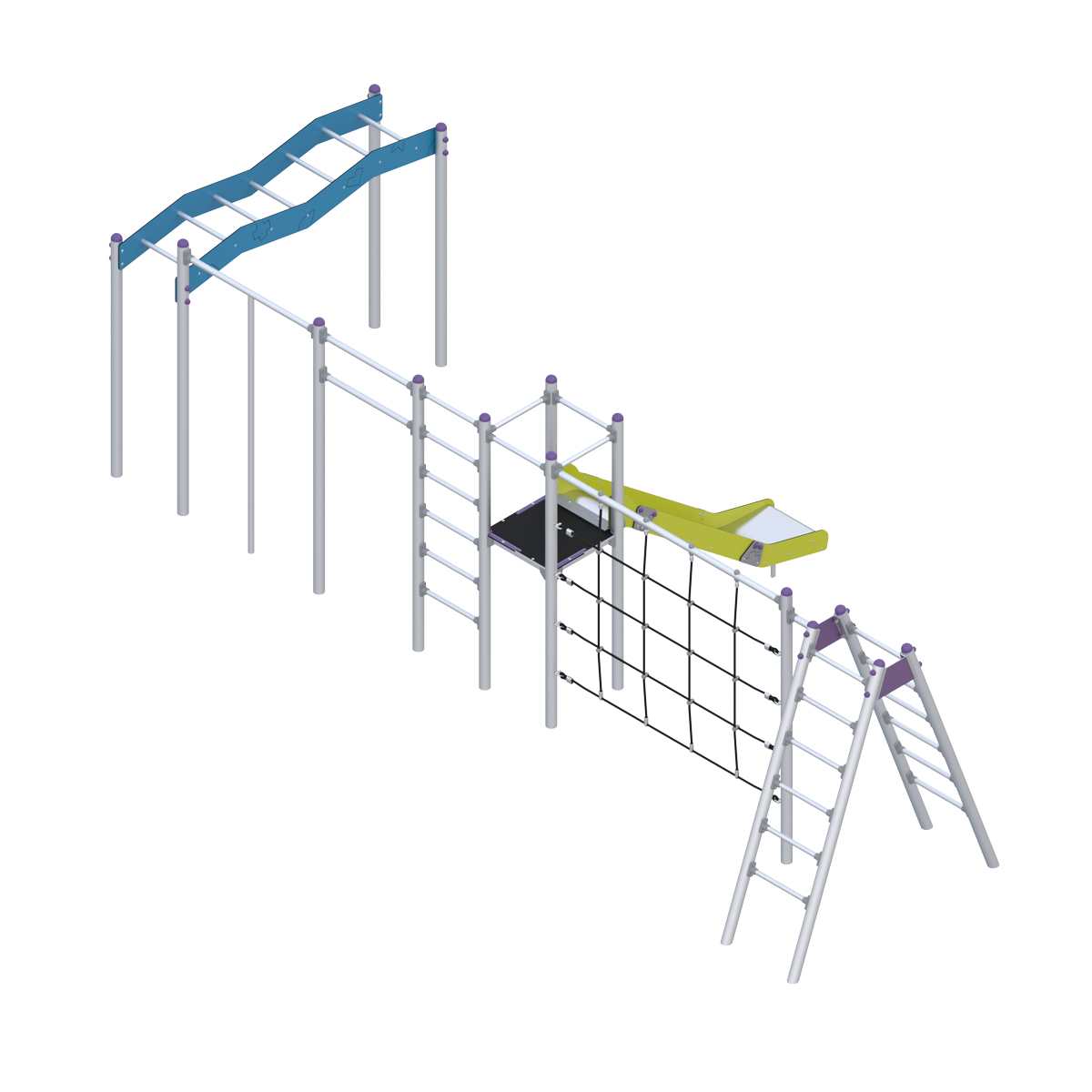 Lauko žaidimų įranga su nusileidimo čiuožykla ir laipiojimo tinklais