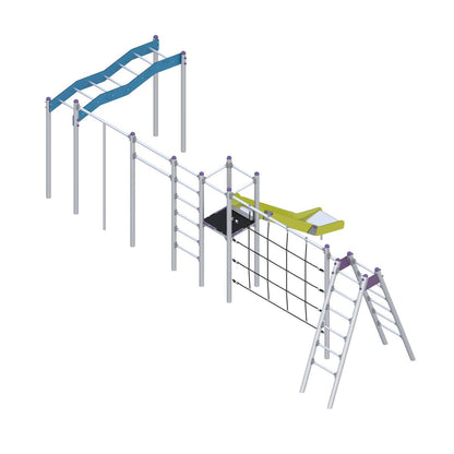 Lauko žaidimų įranga su nusileidimo čiuožykla ir laipiojimo tinklais