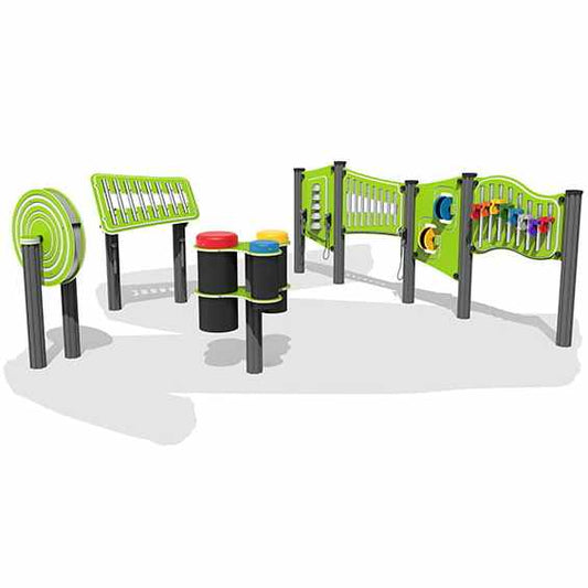 Lauko žaidimų aikštelė su integruotais muzikos instrumentais – metalofonu ir būgnais.