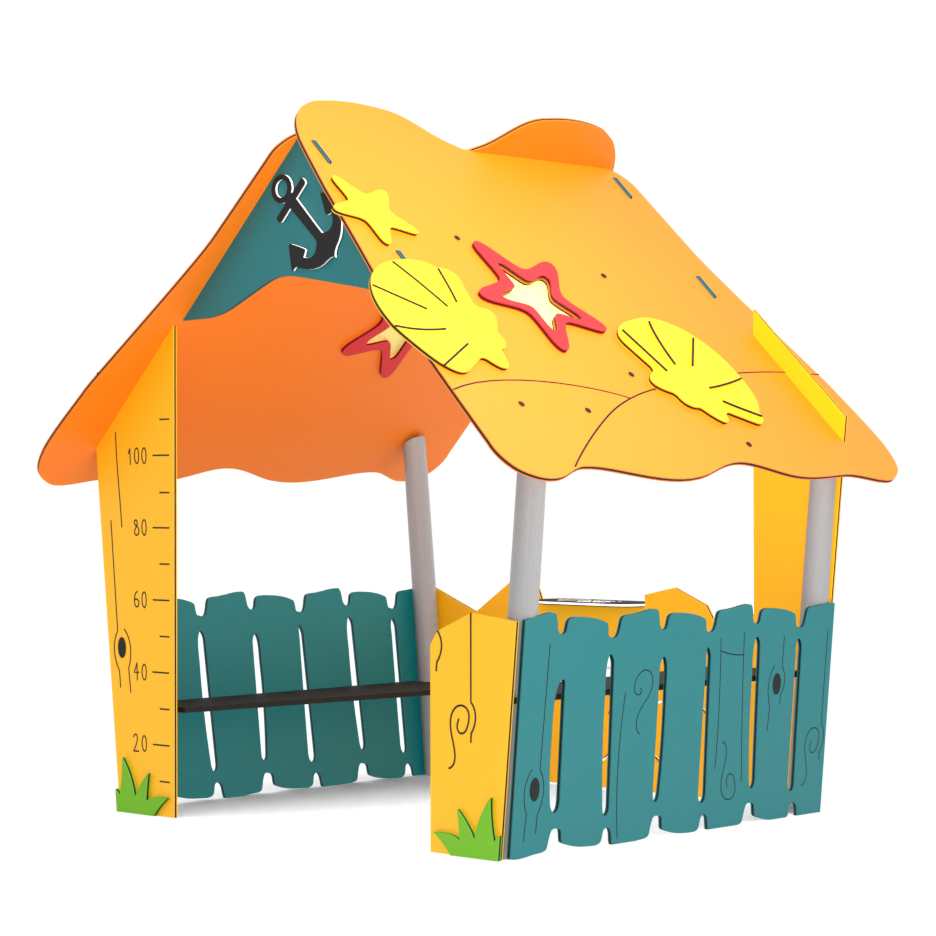Tvirtas vaikų žaidimo namelis lauke su apsauginiais turėklais