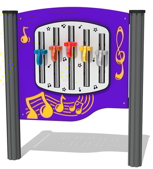 Vaikų muzikiniai įrenginiai lauke su varpeliais ir ritminėmis detalėmis