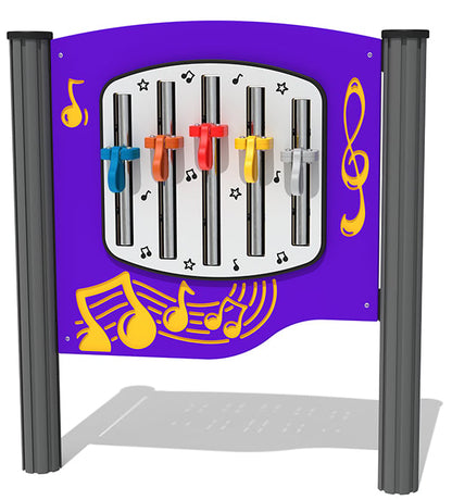 Vaikų muzikiniai įrenginiai lauke su varpeliais ir ritminėmis detalėmis