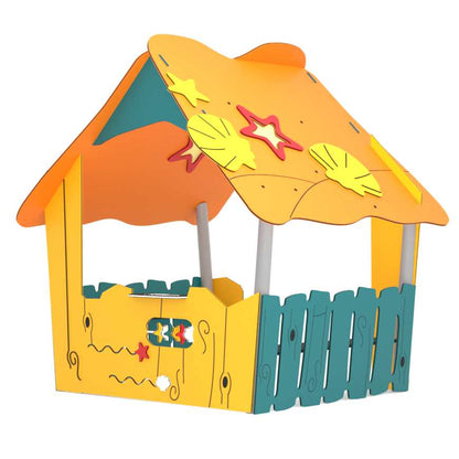 Vaikų žaidimų namelis lauke su stogeliu ir žaidimų zona
