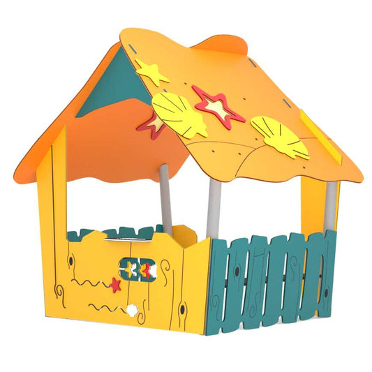 Vaikų žaidimų namelis lauke su stogeliu ir žaidimų zona